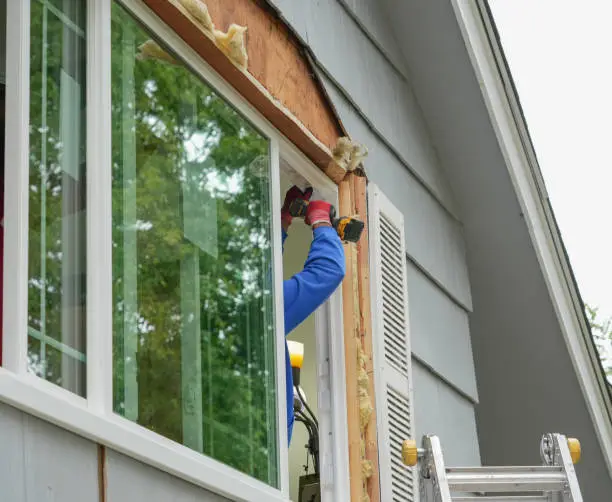 Installer checking window frame condition and seal alignment during replacement assessment, Window repair specialist diagnosing sash balance issue with precision tools