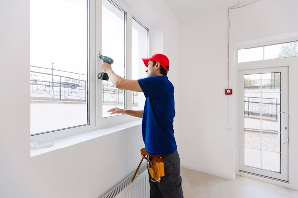 Installer measuring uneven bedroom window opening in older Kent home, Technician repairing sticking double-hung window in older Tenino home