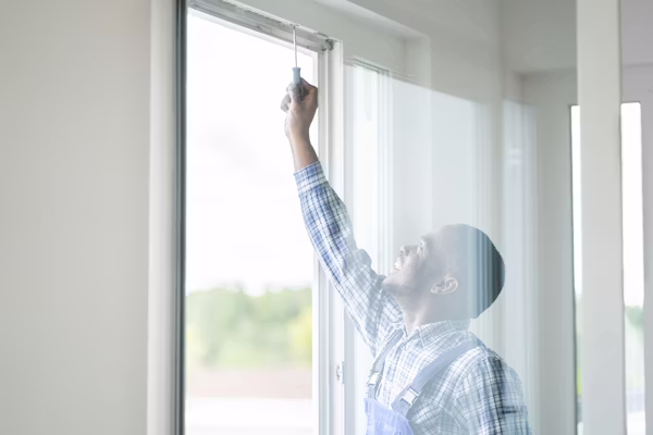 Skilled technician adjusting window hardware and checking frame alignment
