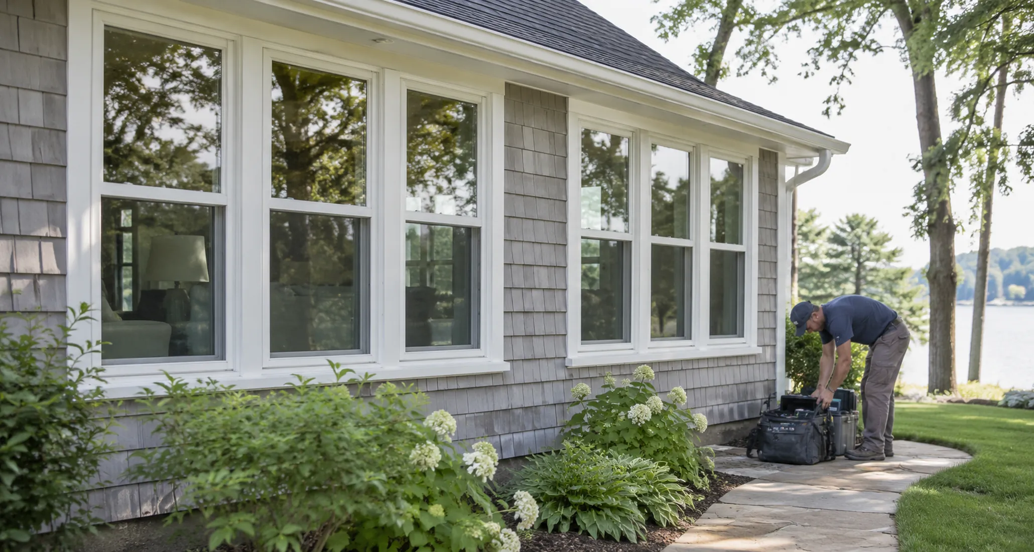 Window Replacement in North East Tacoma - WA as installers set a new living room window, Window Replacement in Canterwood - WA as installers set a large front-facing window into place, Window Replacement in Vashon - WA underway as installers set a new pane into a coastal home