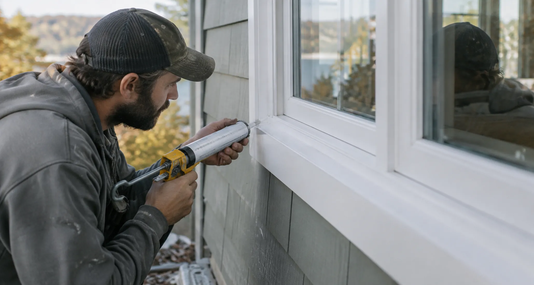 Technician performing window replacement at a North East Tacoma - WA home during exterior sealing, Specialist checking window replacement measurements inside a Canterwood - WA home before final fitting, Crew performing window replacement at a Vashon - WA home while checking trim and weather sealing