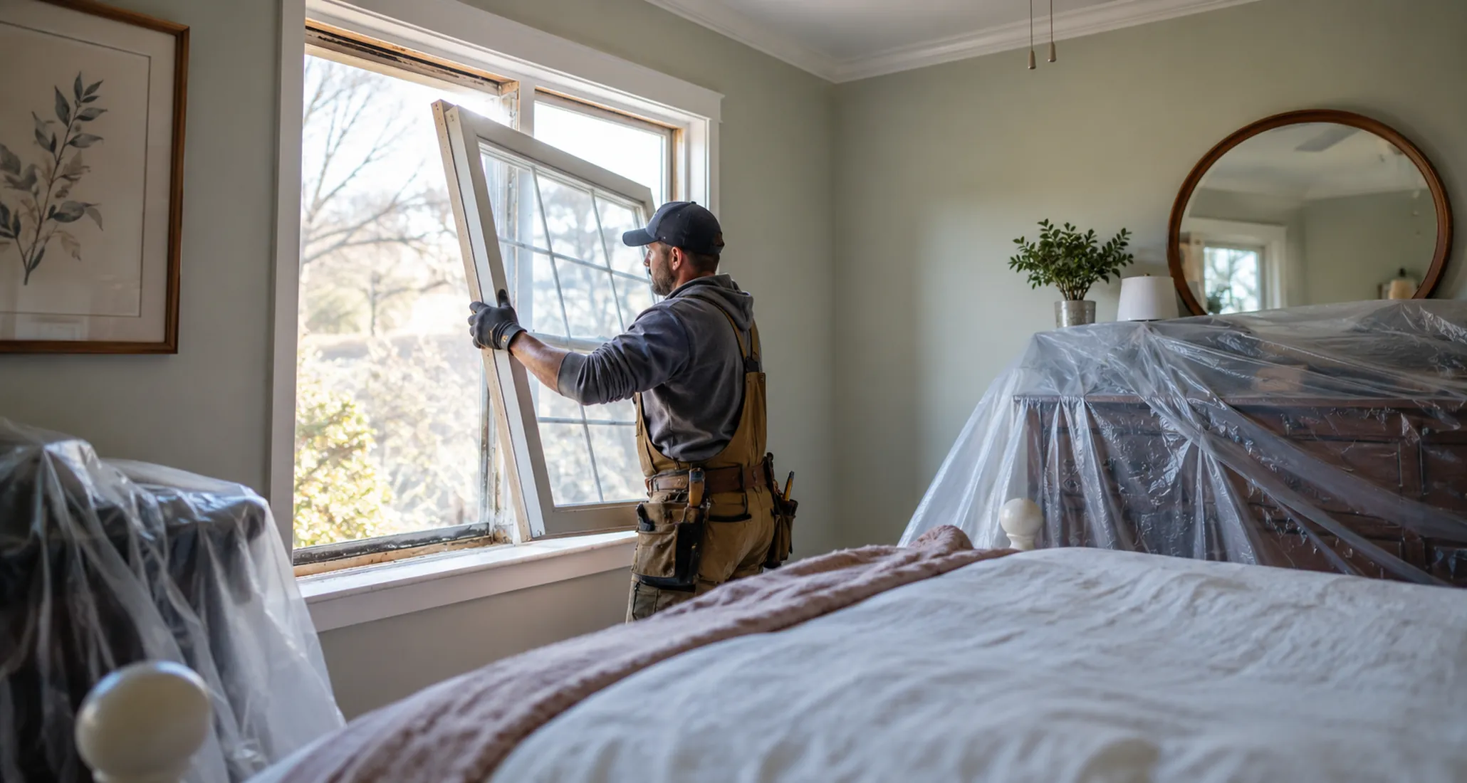 Window Replacement in Tangle Wild - WA as a crew aligns a new bedroom window frame