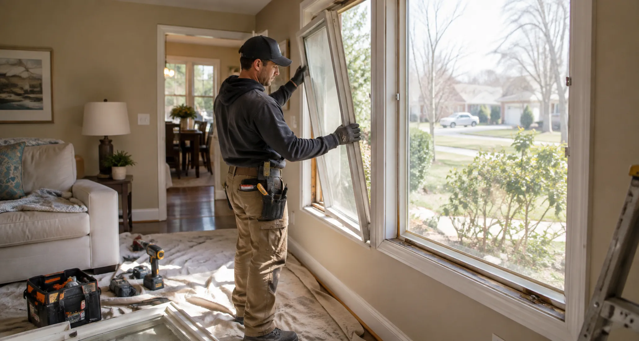 Specialist handling window replacement at a Tangle Wild - WA home while checking exterior sealing