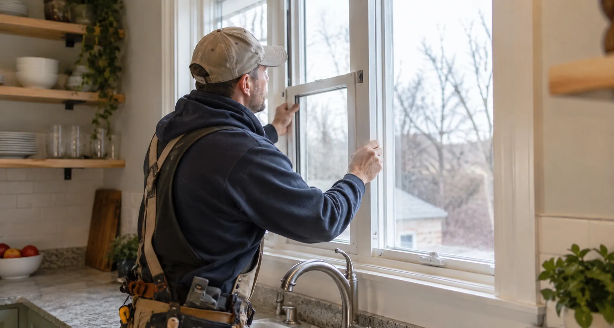 Window Replacement in Wauna - WA as a crew installs a new bedroom window frame, Window Replacement in Rochester - WA as installers set a new living room window into place