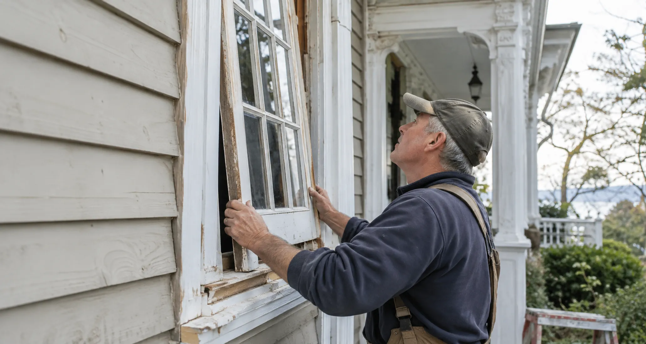 Installer handling window replacement parts inside a Wauna - WA home while checking frame level, Technician performing window replacement at a Rochester - WA home while checking frame alignment