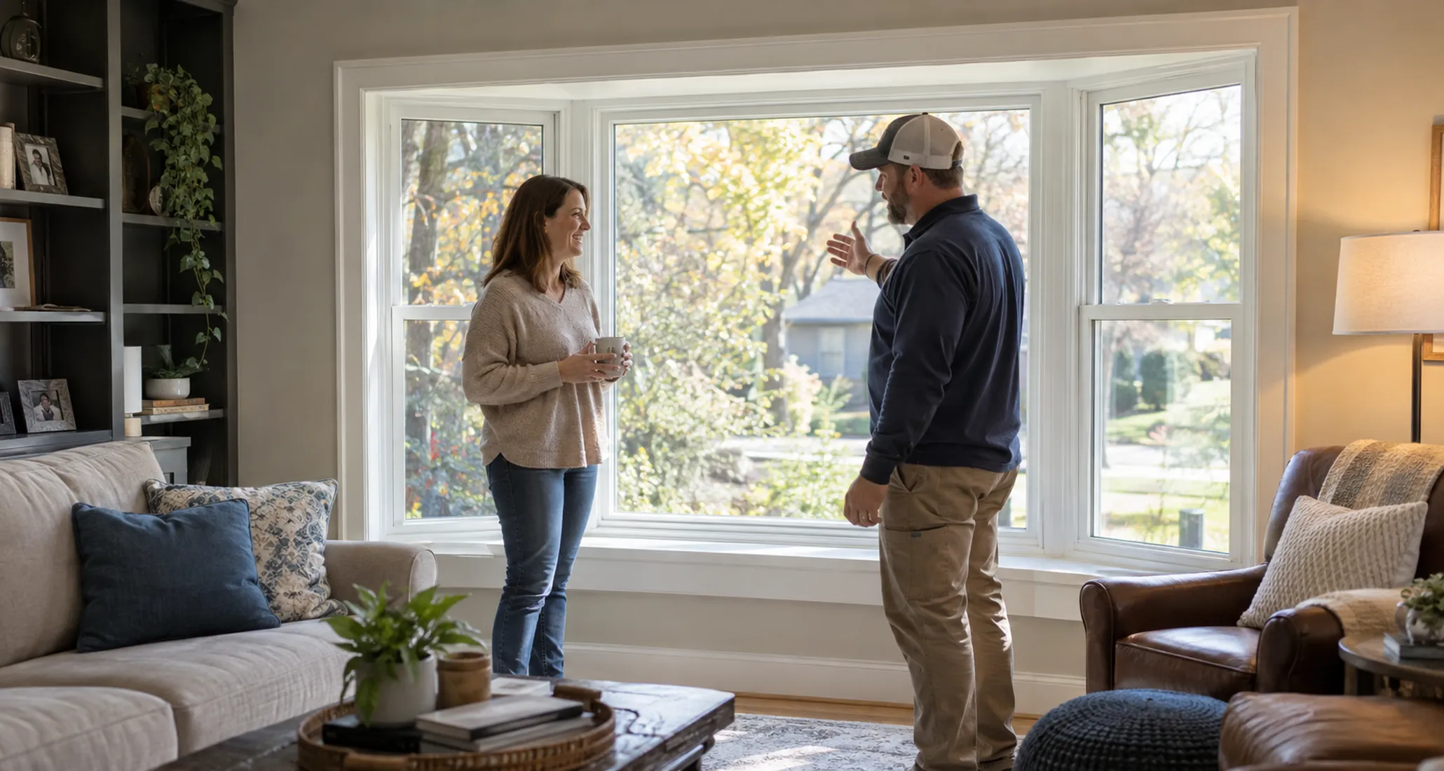 Installer performing window replacement measurements inside a Purdy - WA home before fitting new units